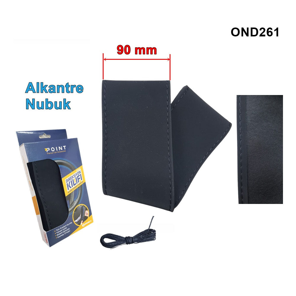 Alcantra Nubuk Kumaş Dikme Direksiyon Kılıfı 90mm 38-40cm Siyah Dikişli Siyah