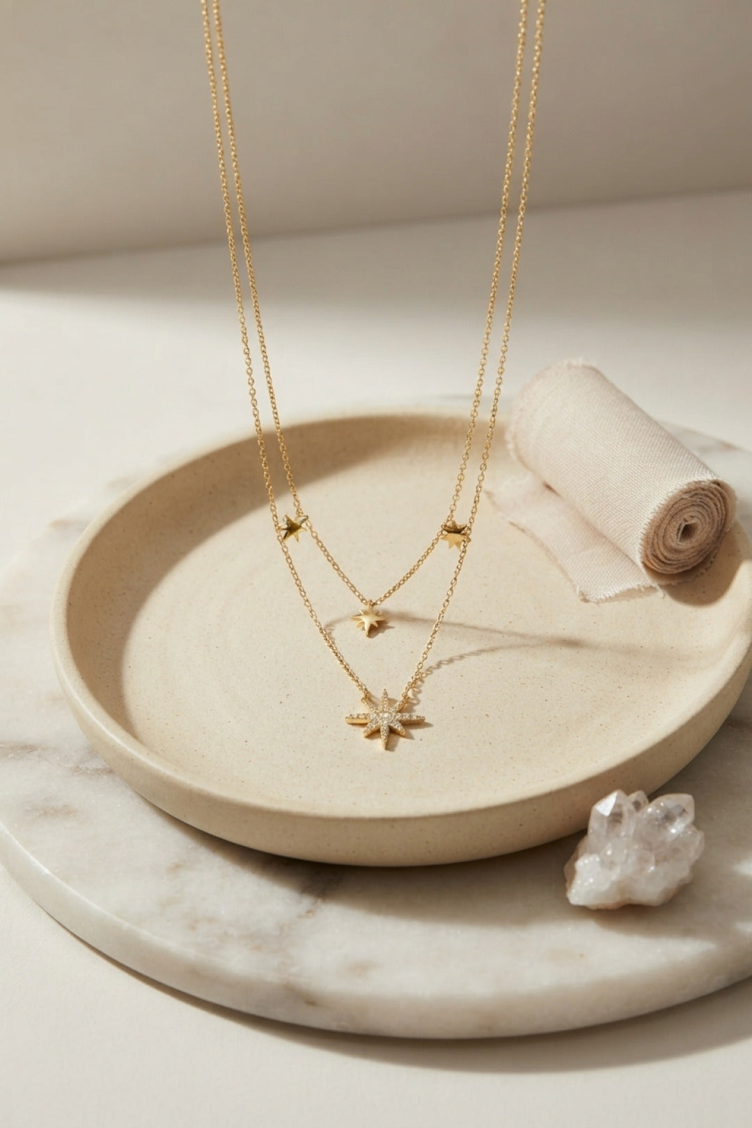 Pirinç Gold Renk Zirkon Taşlı Kutup Yıldızı Model 2'li Kadın Kolye