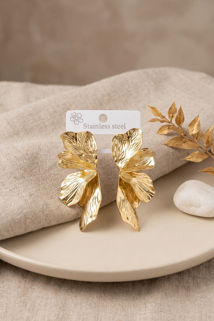 316L Çelik Gold Renk Lotus Yaprak Model Kadın Küpe