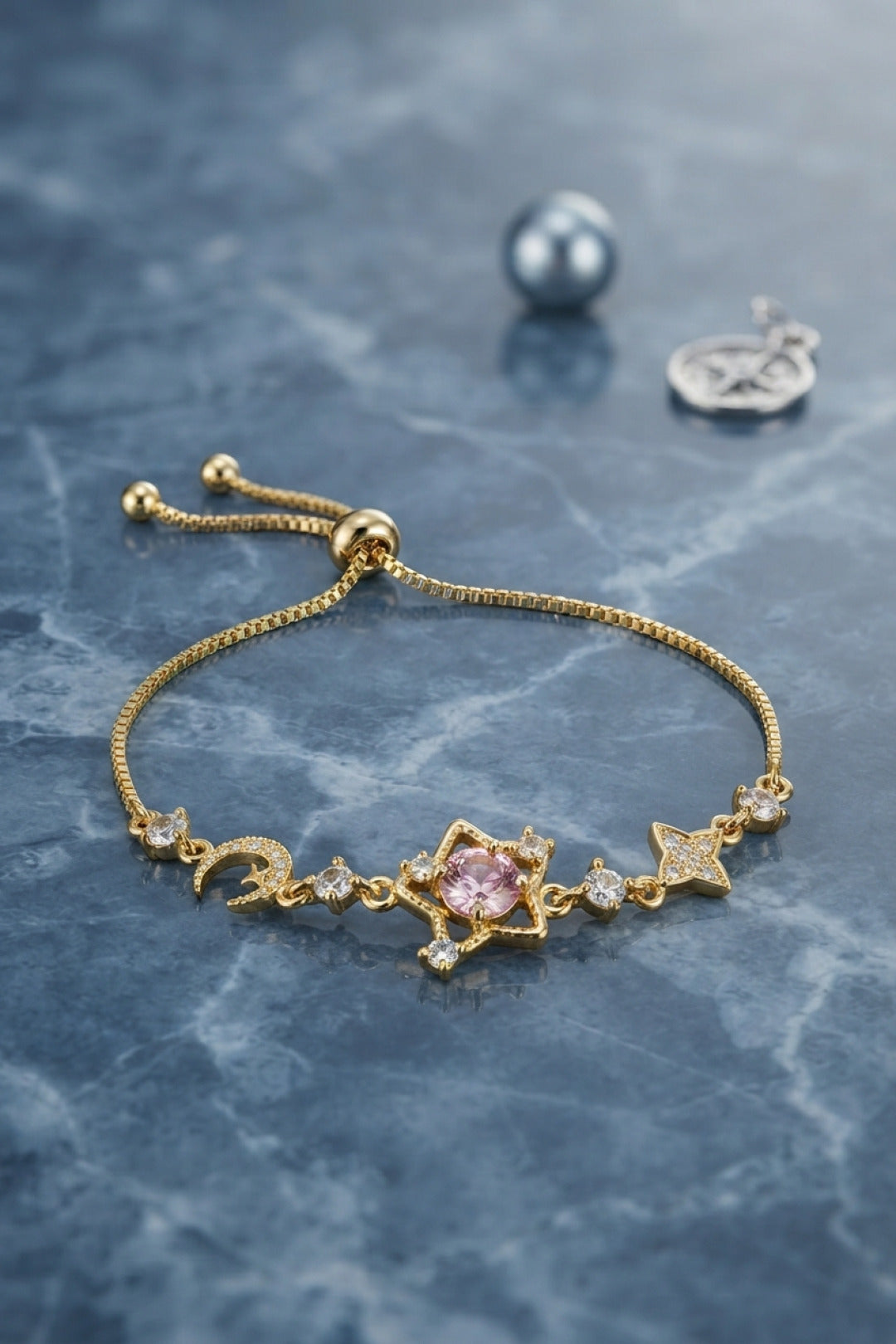 Pembe Taşlı Yıldız Model Gold Renk Zirkon Taşlı Asansörlü Bileklik