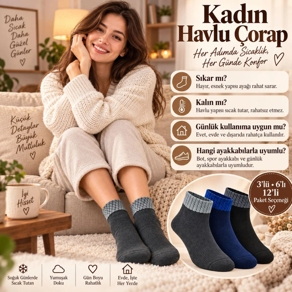 Bayan Havlu Dikişsiz Kısa Konç Çorap 6'lı Paket Yumuşak Sıcak Günlük Kadın Çorabı