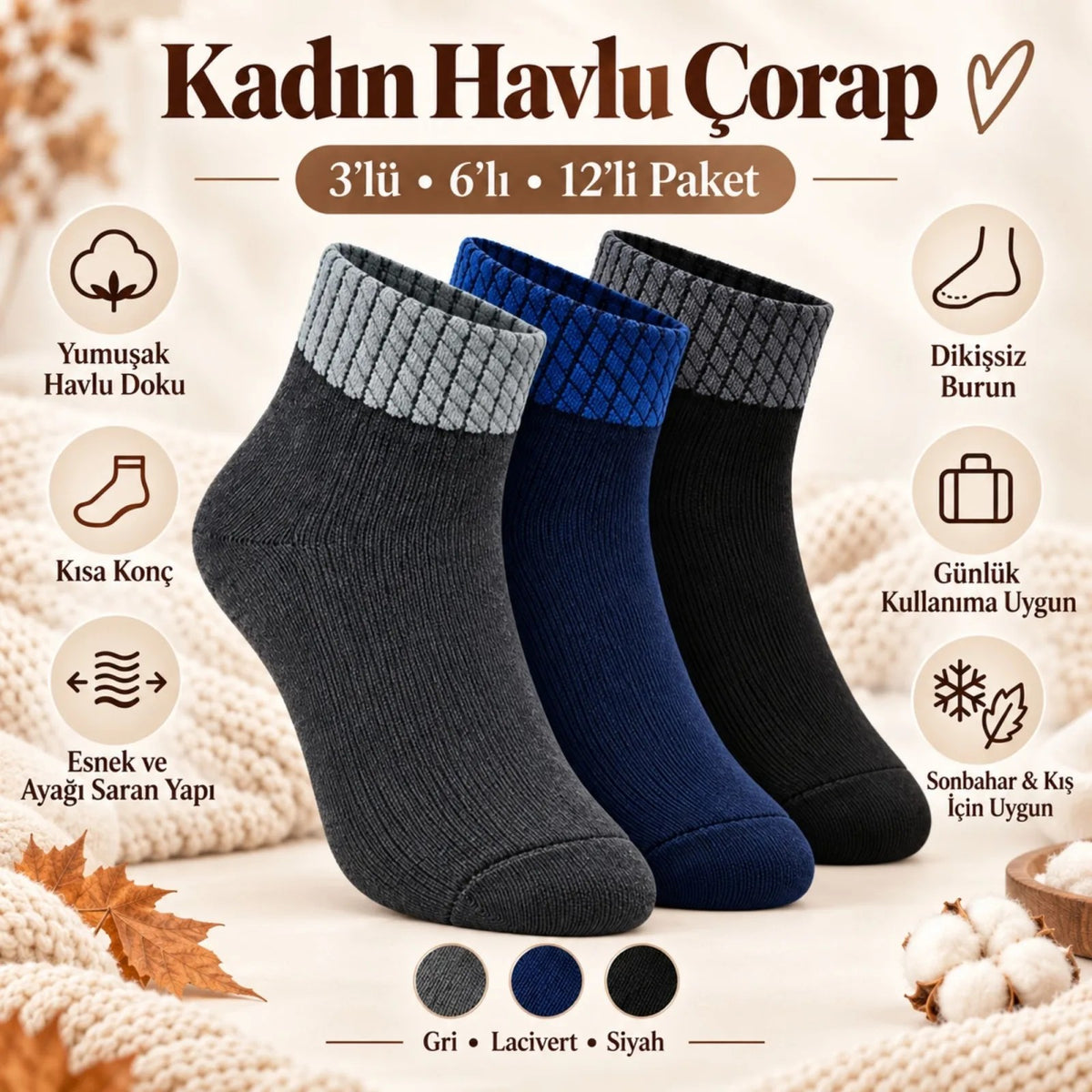 Bayan Havlu Dikişsiz Kısa Konç Çorap 6'lı Paket Yumuşak Sıcak Günlük Kadın Çorabı