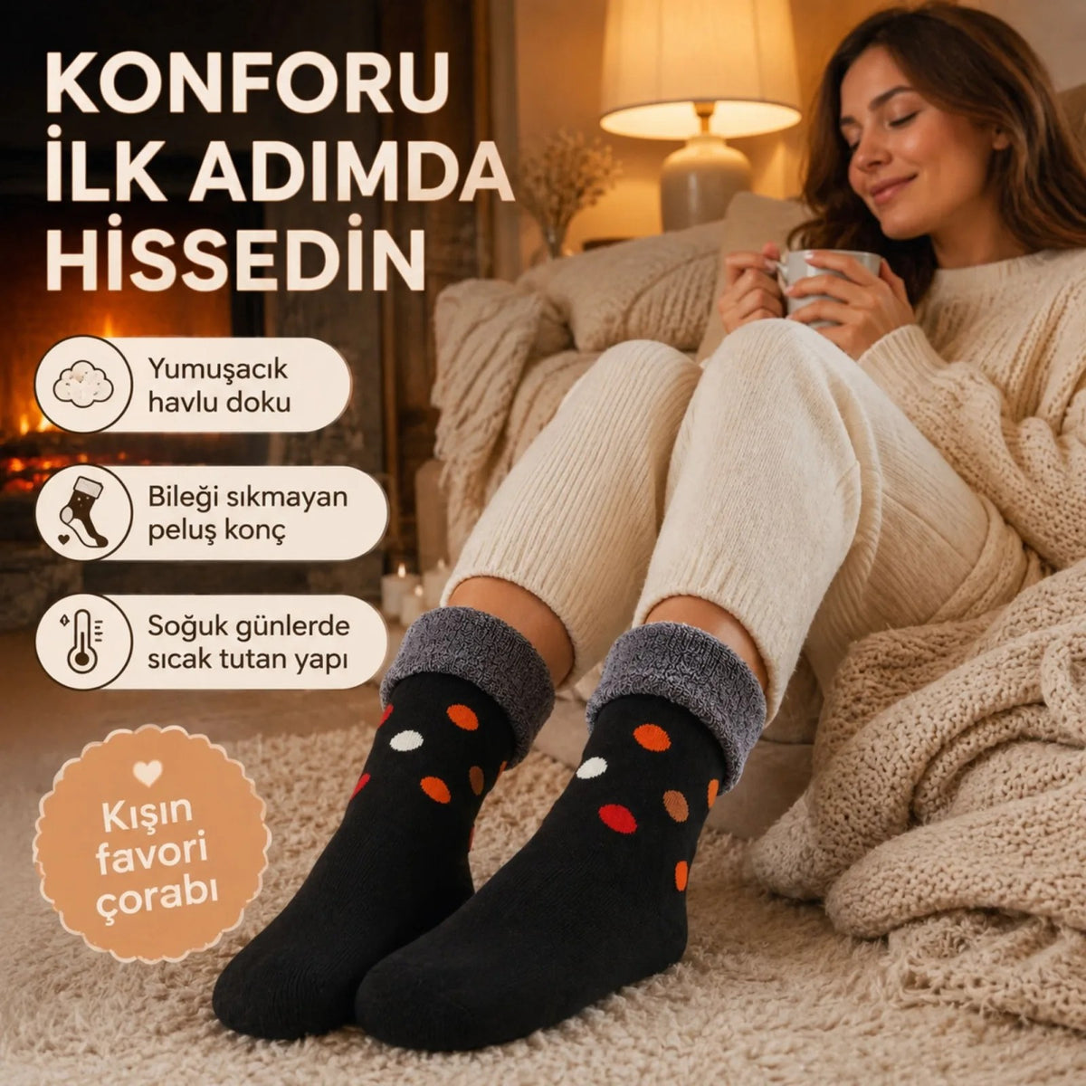 4’lü Kadın Kışlık Havlu Çorap Sıcak Tutan Yumuşak Karışık Desenli Günlük Çorap Seti