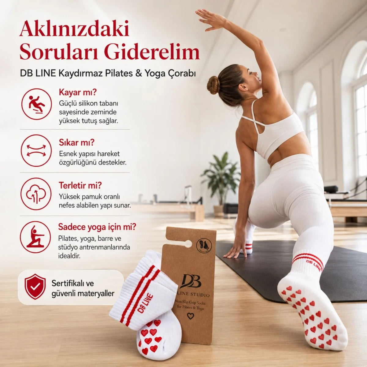 DB LINE Kaydırmaz 4'lü Pilates Yoga Çorabı Pamuklu Silikon Tabanlı Barre Stüdyo Spor Çorabı