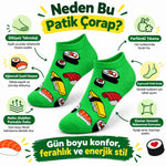 Kadın Patik Çorap Yeşil Sushi Desenli | Renkli Eğlenceli Günlük Kısa Bilek 12'li Avantajlı Çoklu Set