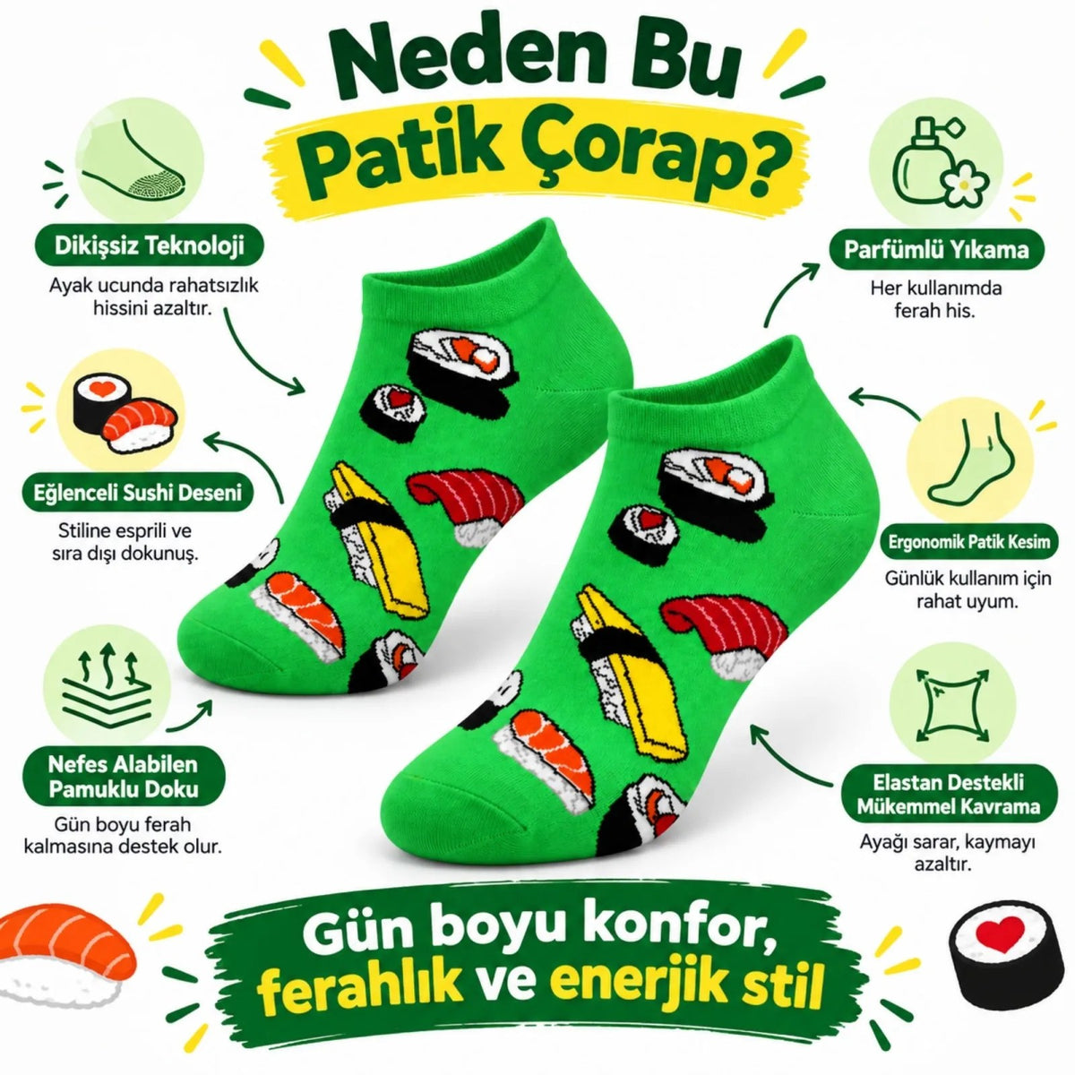 Kadın Patik Çorap Yeşil Sushi Desenli | Renkli Eğlenceli Günlük Kısa Bilek 12'li Avantajlı Çoklu Set