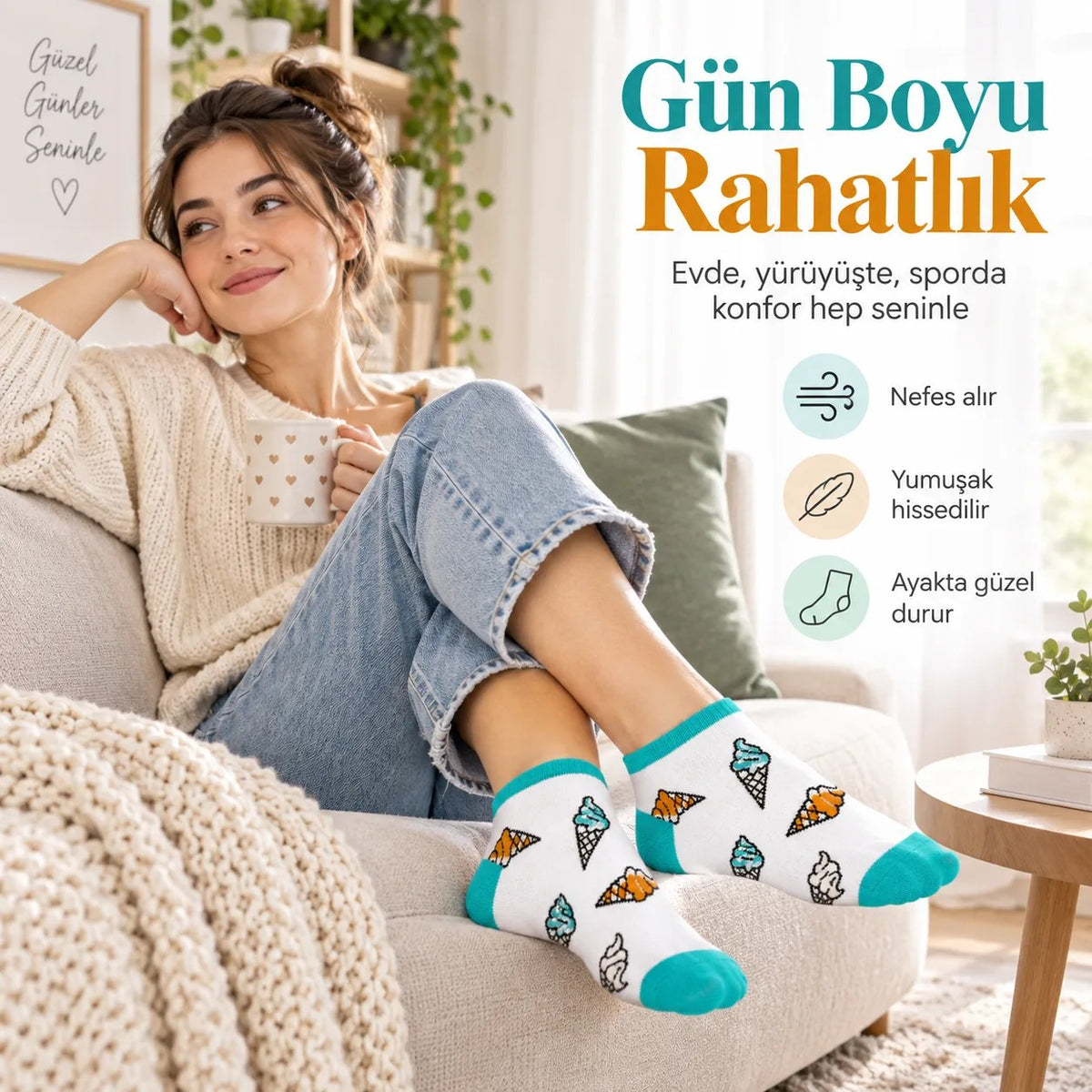 Kadın Beyaz Turkuaz Dondurma Desenli Patik Çorap | Rahat, Şık ve Eğlenceli Günlük Kısa Bilek Çorabı 12'li Paket