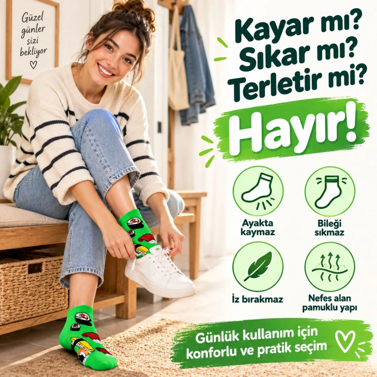 Kadın Patik Çorap Yeşil Sushi Desenli | Renkli Eğlenceli Günlük Kısa Bilek 12'li Avantajlı Çoklu Set