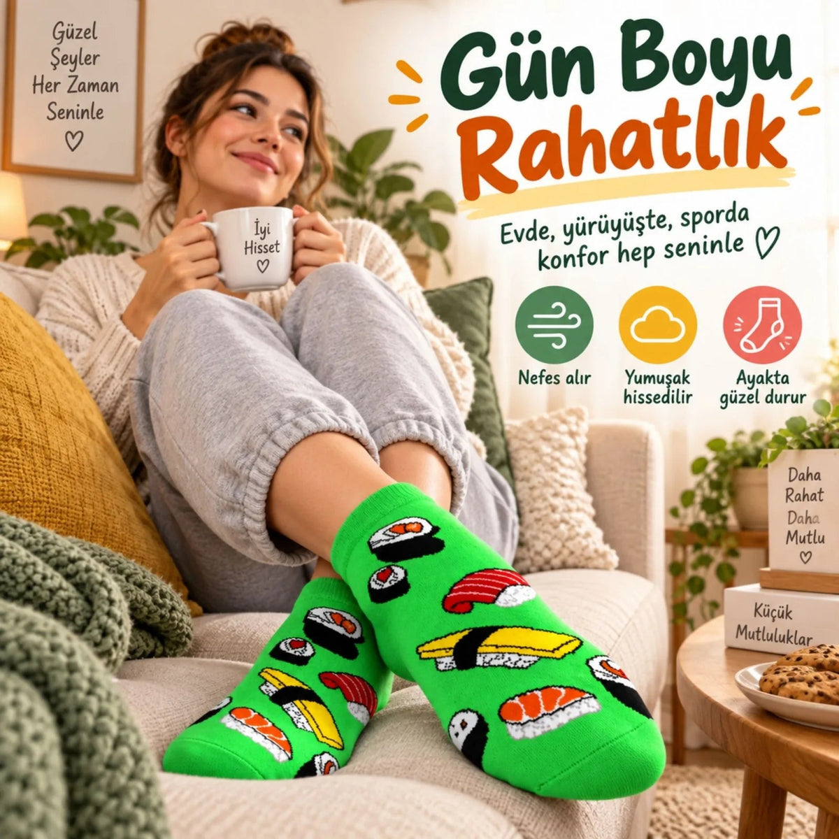 Kadın Patik Çorap Yeşil Sushi Desenli | Renkli Eğlenceli Günlük Kısa Bilek 12'li Avantajlı Çoklu Set