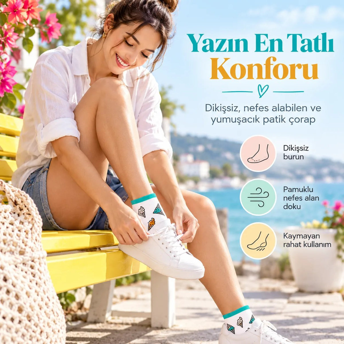 Kadın Beyaz Turkuaz Dondurma Desenli Patik Çorap | Rahat, Şık ve Eğlenceli Günlük Kısa Bilek Çorabı 3'lü Paket