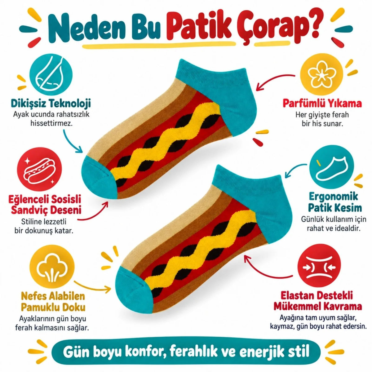 Hot Dog Desenli Patik 6'lı Çorap Seti | Renkli Eğlenceli Günlük Kısa Bilek Çorap Çoklu Paket Fırsatı