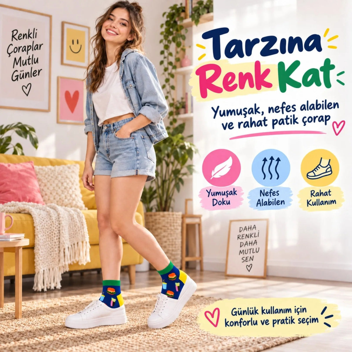 Kadın Patik Çorap Fast Food Desenli | Renkli Lacivert, Günlük Kısa Bilek 6'lı Çorap Seti