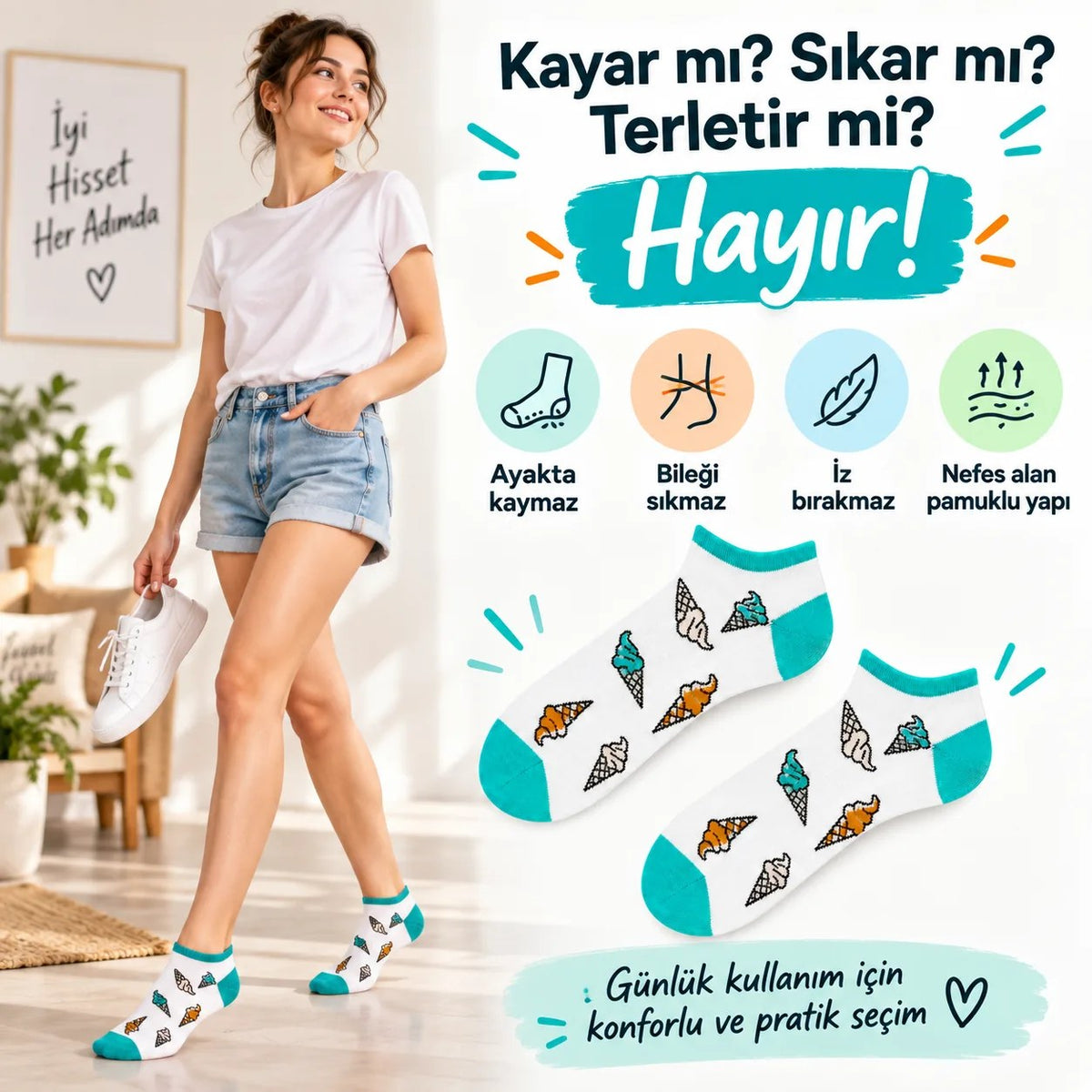 Kadın Beyaz Turkuaz Dondurma Desenli Patik Çorap | Rahat, Şık ve Eğlenceli Günlük Kısa Bilek Çorabı 6'lı Paket