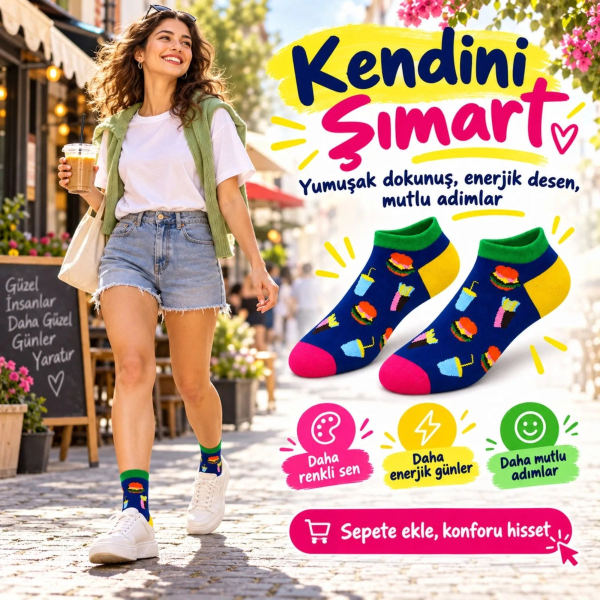 Kadın Patik Çorap Fast Food Desenli | Renkli Lacivert, Günlük Kısa Bilek 6'lı Çorap Seti