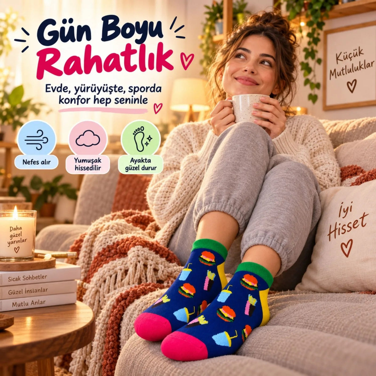 Kadın Patik Çorap Fast Food Desenli | Renkli Lacivert, Günlük Kısa Bilek 6'lı Çorap Seti