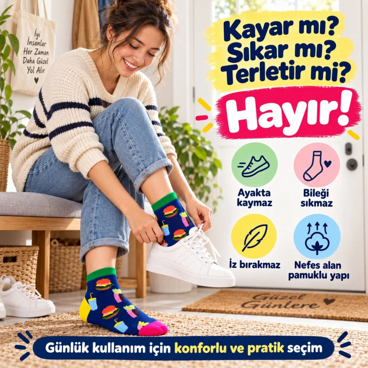 Kadın Patik Çorap Fast Food Desenli | Renkli Lacivert, Günlük Kısa Bilek 6'lı Çorap Seti