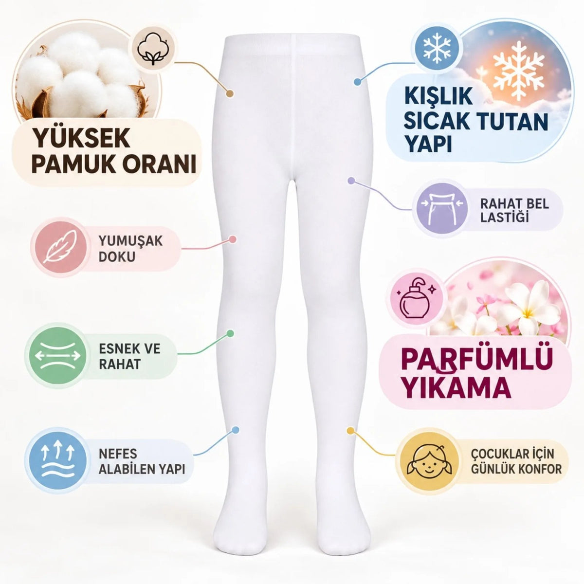 Çocuk Beyaz Külotlu 3'lü Çorap Yüksek Pamuklu Kışlık Parfümlü Yumuşak Dokulu Esnek Rahat
