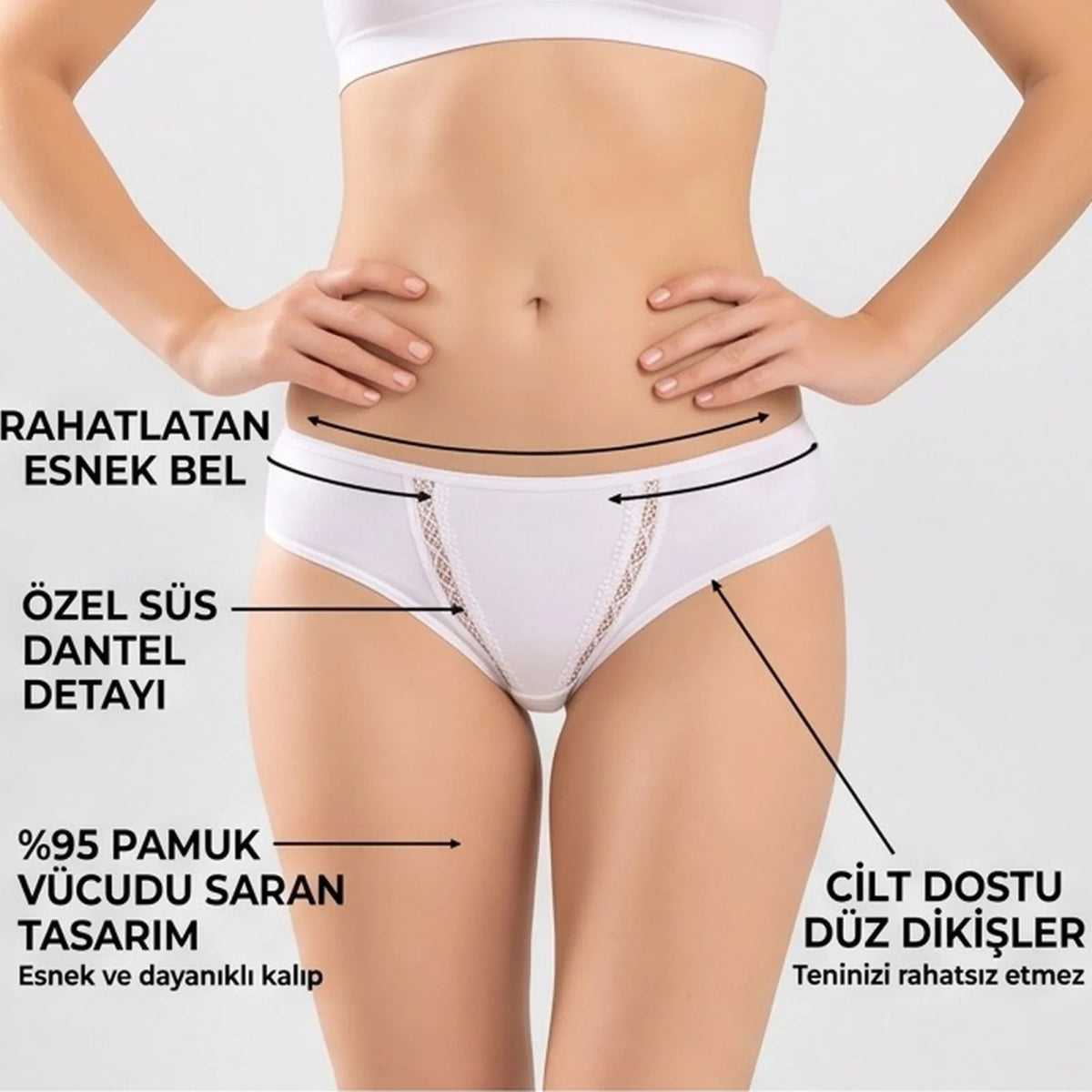 Kadın Pamuklu Zikzak İşlemeli Bikini Kesim Külot 3'lü Paket | Siyah Beyaz Dantel Detaylı İç Çamaşırı