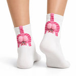 Kadın Beyaz Pembe Kedi Desenli Ponponlu Soket Çorap | Sevimli 3D Kedi Figürlü Eğlenceli Günlük Çorap