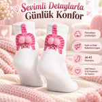 Kadın 3'lü Beyaz Pembe Kedi Desenli Ponponlu Soket Çorap Seti | 3D Kedi Figürlü Sevimli Çorap Modeli