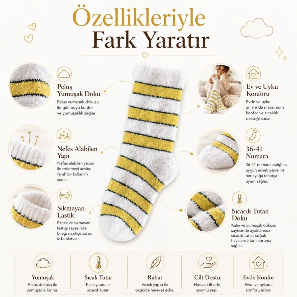 Peluş Çizgili Kadın Uyku Çorabı 36-40 Yumuşak Sıcak Tutan Sıkmayan Ev Çorabı Sarı Beyaz