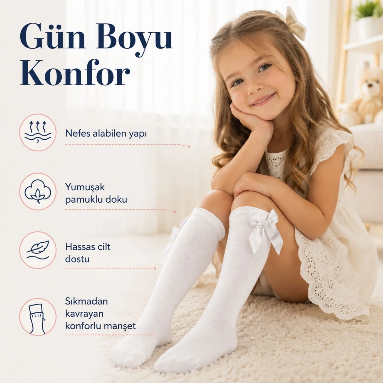 Kız Çocuk Beyaz Kurdeleli Diz Altı Çorap, Pamuklu Okul Bale ve Özel Gün Çorabı