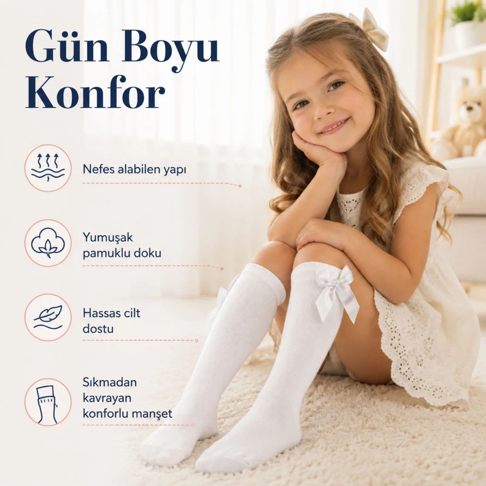 Kız Çocuk Beyaz Kurdeleli 6'lı Diz Altı Çorap, Pamuklu Fitilli Okul Bale ve Özel Gün Çorabı