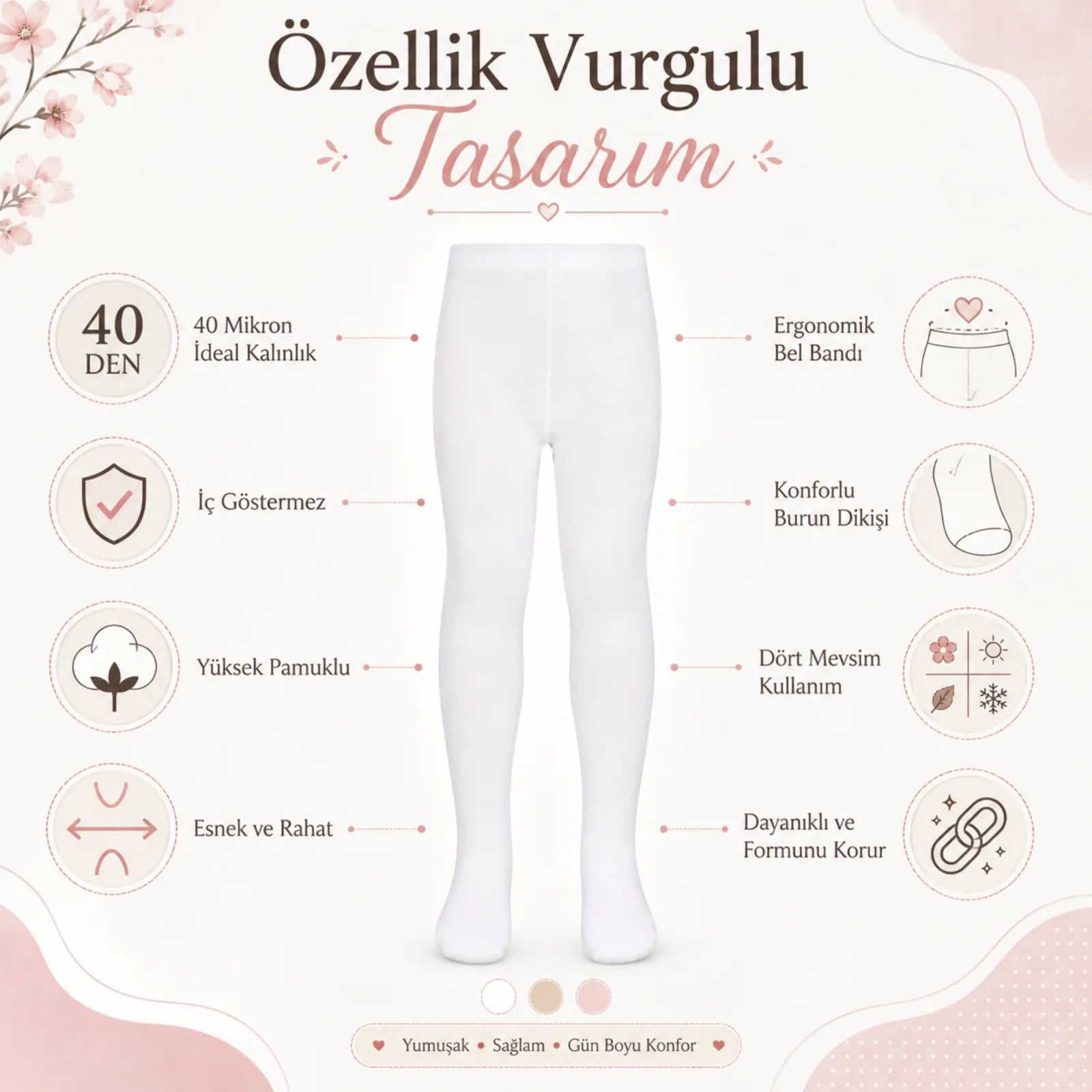 Kız Çocuk Beyaz 40 Denye Pamuklu Opak Külotlu Çorap Okul Bale ve Özel Gün Çorabı