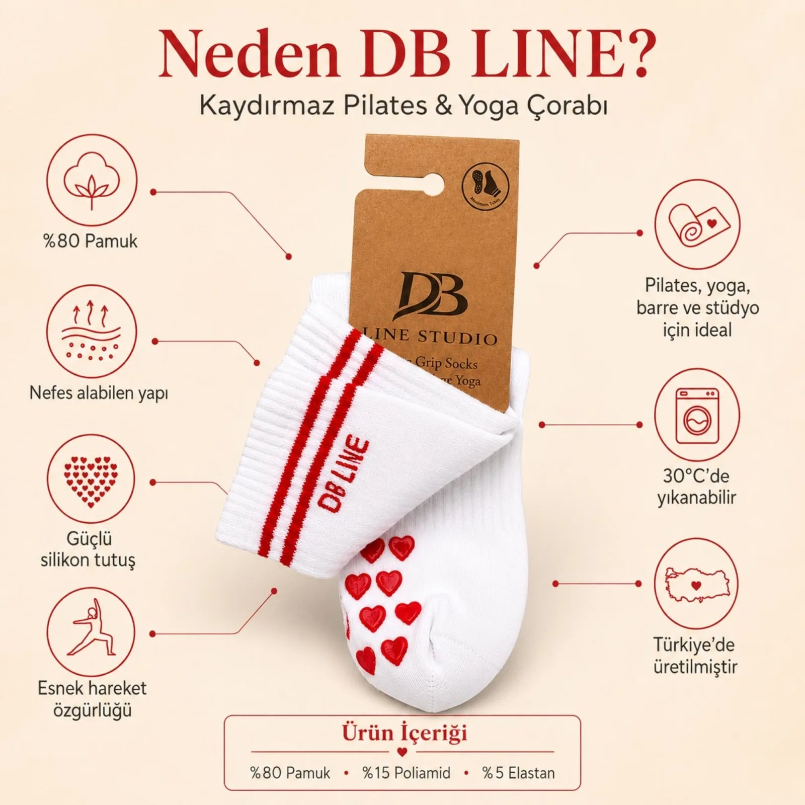 DB LINE Kaydırmaz Pilates Yoga Çorabı Pamuklu Silikon Tabanlı Barre Stüdyo Spor Çorabı