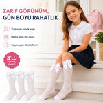 Kız Çocuk Beyaz File Dizaltı Çorap Fiyonklu 3'lü Paket Okul Tören Bayram Gösteri Çorabı