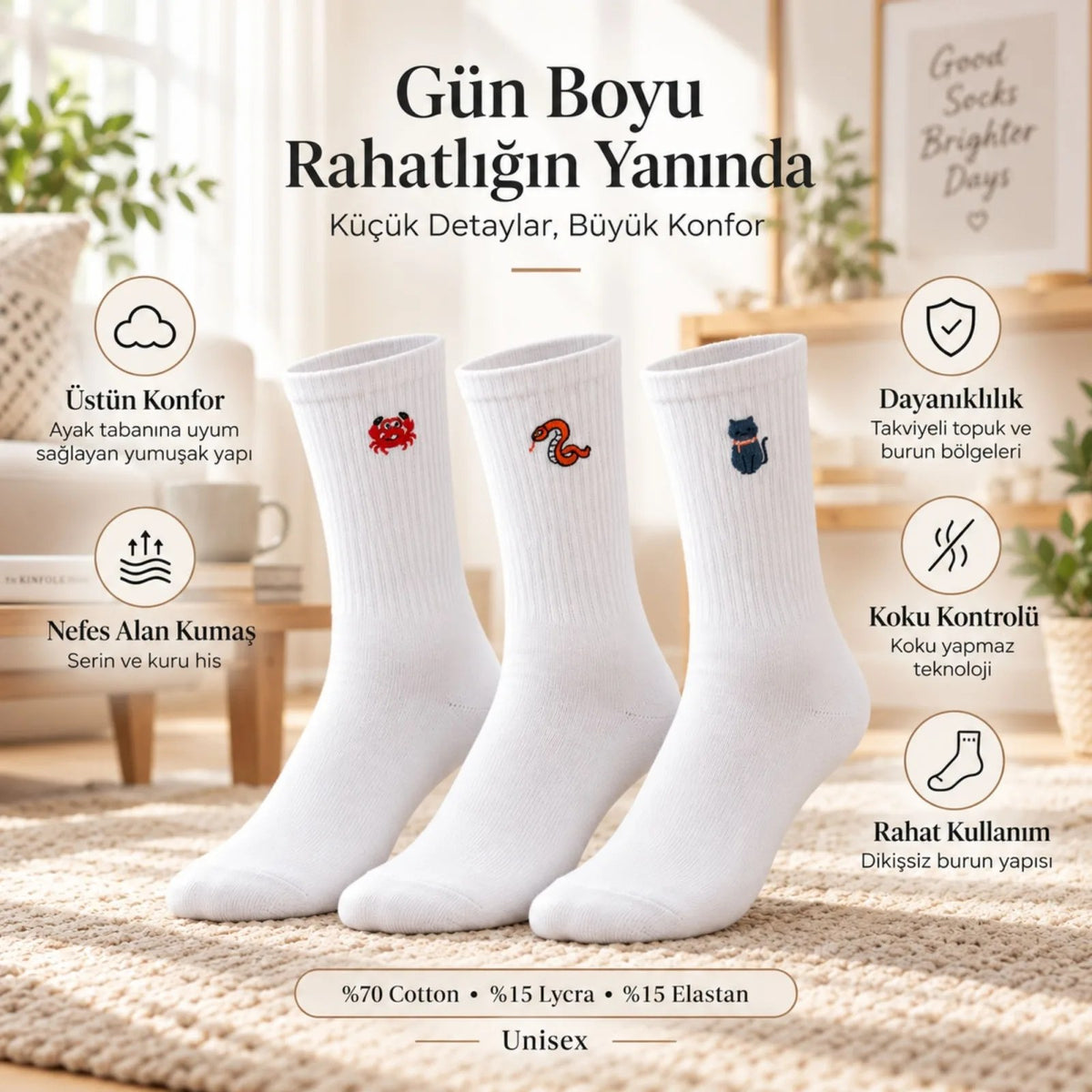 UNİSEX Çorap Beyaz Hayvan Nakışlı 6'lı Set Yengeç Yılan Kedi Desenli Uzun Soket Günlük Spor Çorabı