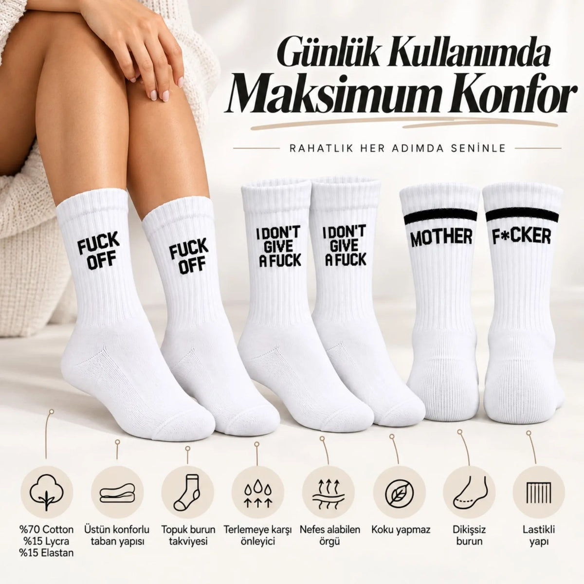 Unisex Beyaz Yazılı Çorap Esprili Sloganlı Uzun Soket Günlük Spor Rahat 3lü Eğlenceli Şık Hediye Set
