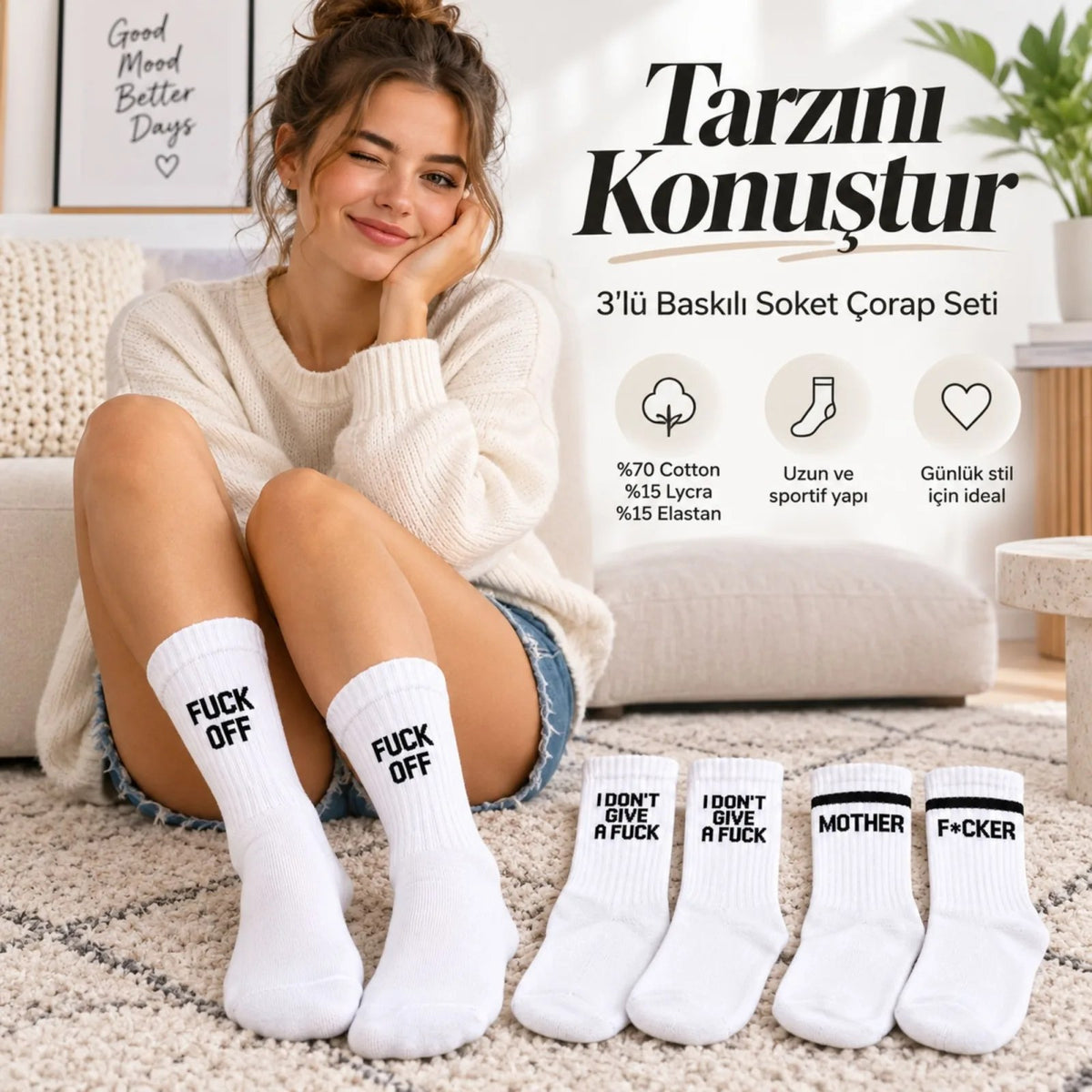 Unisex Beyaz Yazılı Çorap Esprili Sloganlı Uzun Soket Günlük Spor Rahat 6lı Eğlenceli Şık Hediye Set