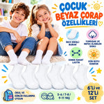 Çocuk Beyaz Çorap 12'li Set İnce Dikişli Yumuşak Nefes Alabilen Okul Günlük Rahat Çorap 5-11 Yaş Seti