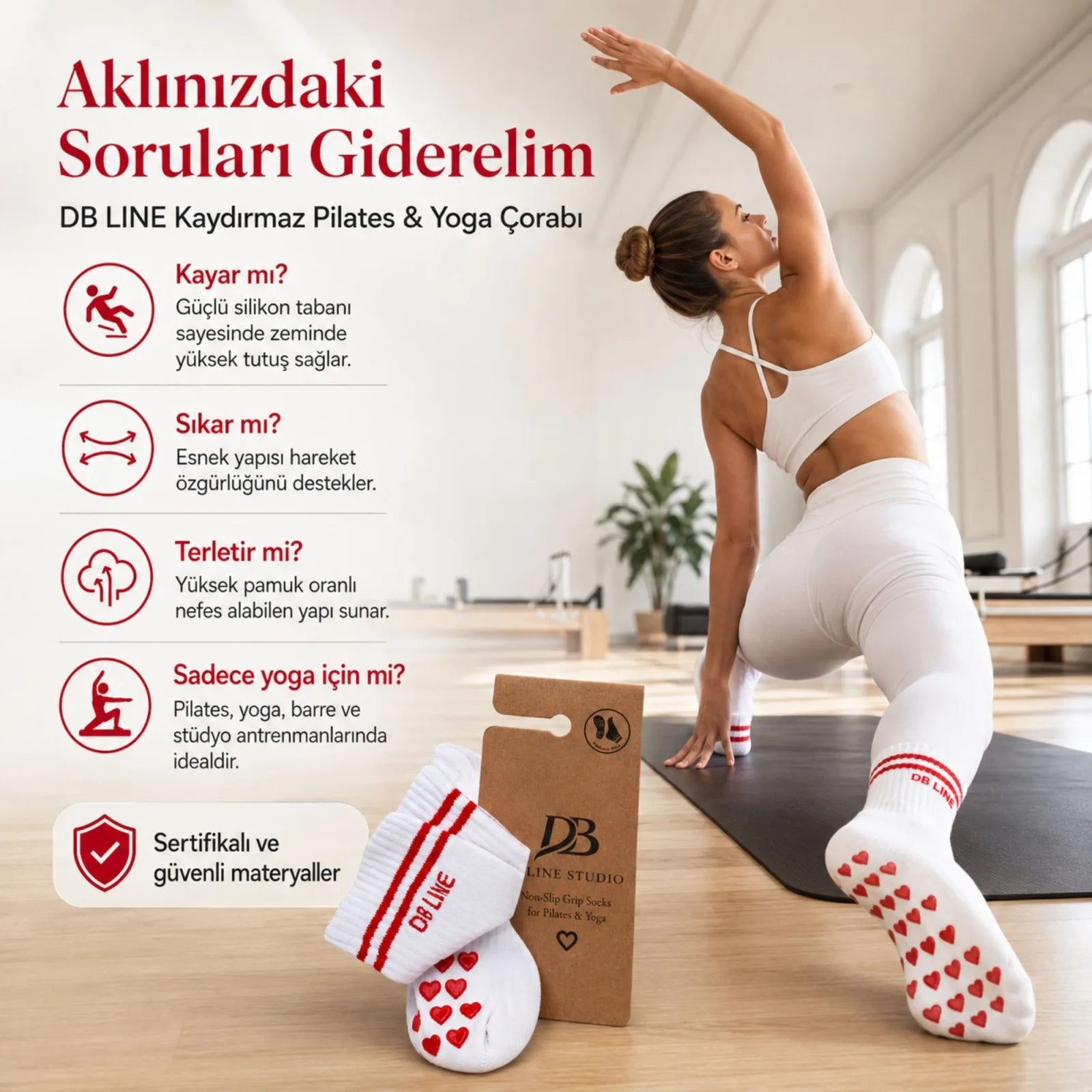DB LINE Kaydırmaz Pilates Yoga Çorabı Pamuklu Silikon Tabanlı Barre Stüdyo Spor Çorabı