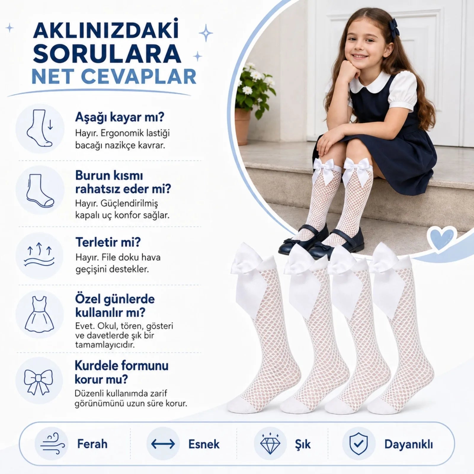Kız Çocuk Beyaz File Dizaltı Çorap Fiyonklu 3'lü Paket Okul Tören Bayram Gösteri Çorabı