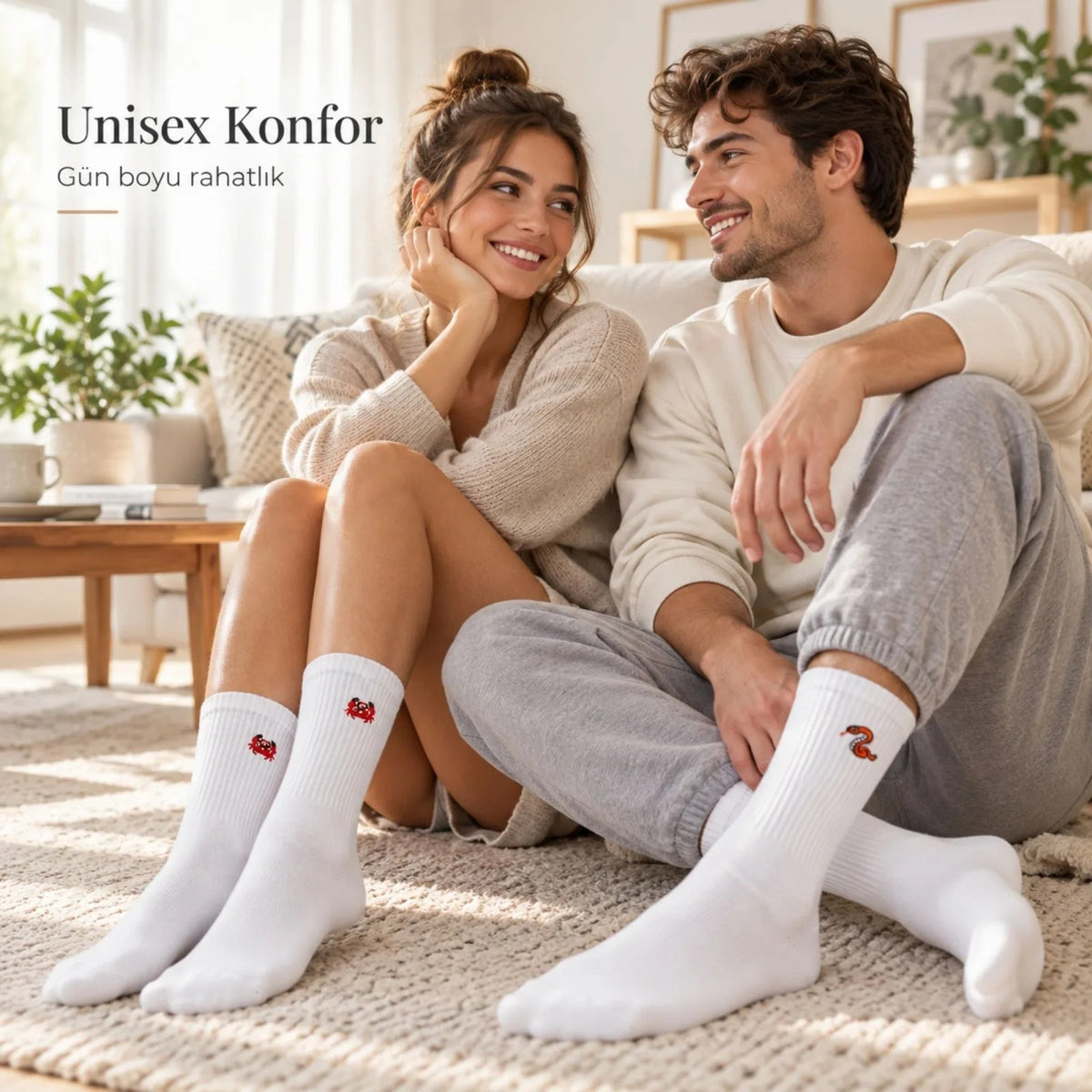 UNİSEX Çorap Beyaz Hayvan Nakışlı 6'lı Set Yengeç Yılan Kedi Desenli Uzun Soket Günlük Spor Çorabı