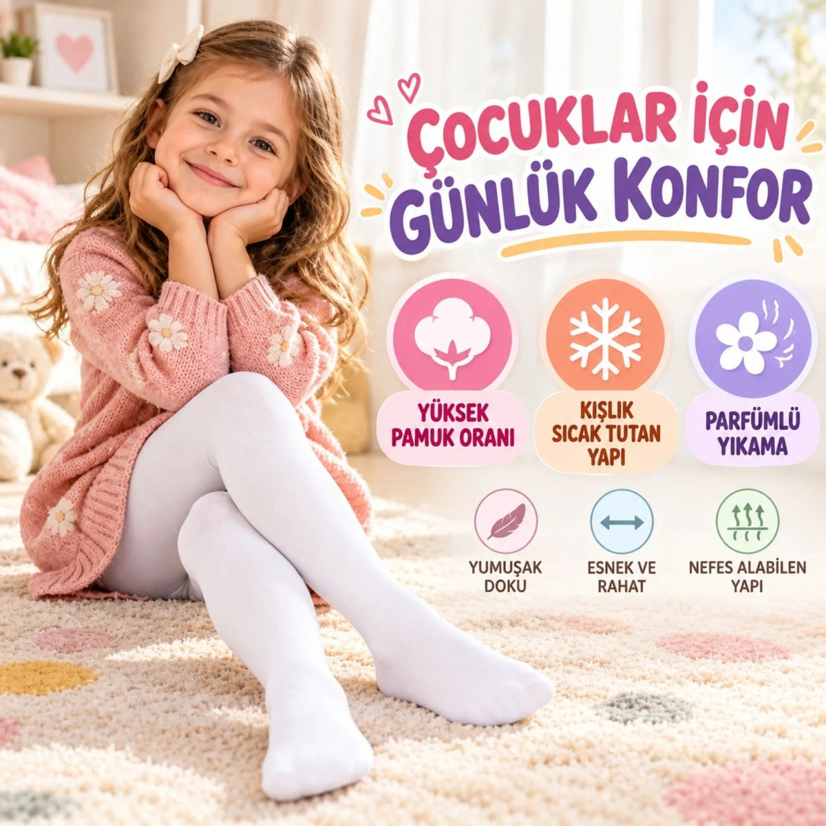 Çocuk Beyaz Külotlu Çorap Yüksek Pamuklu Kışlık Parfümlü Yumuşak Dokulu Esnek Rahat