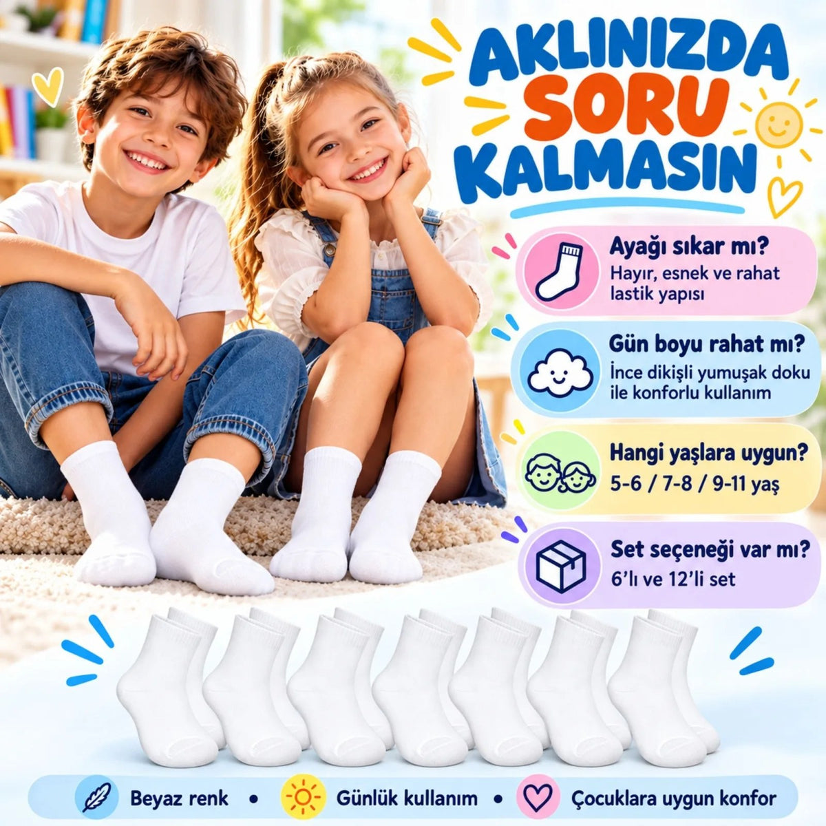 Çocuk Beyaz Çorap 12'li Set İnce Dikişli Yumuşak Nefes Alabilen Okul Günlük Rahat Çorap 5-11 Yaş Seti
