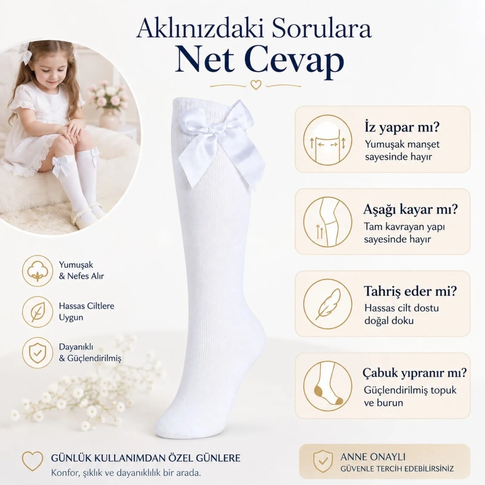 Kız Çocuk Beyaz Kurdeleli Diz Altı Çorap, Pamuklu Okul Bale ve Özel Gün Çorabı