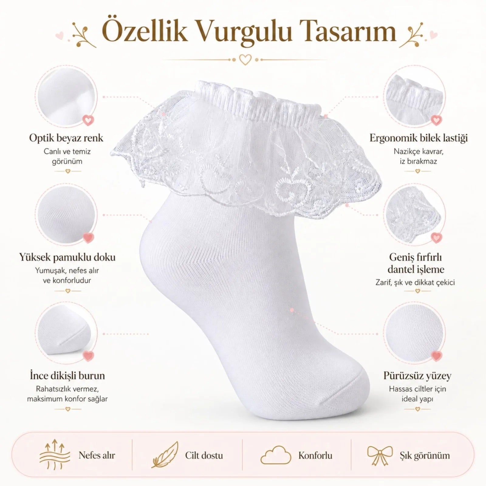Kız Çocuk 6'lı Beyaz Dantelli Soket Çorap, Yüksek Pamuklu Okul Gösteri ve Özel Gün Çorabı