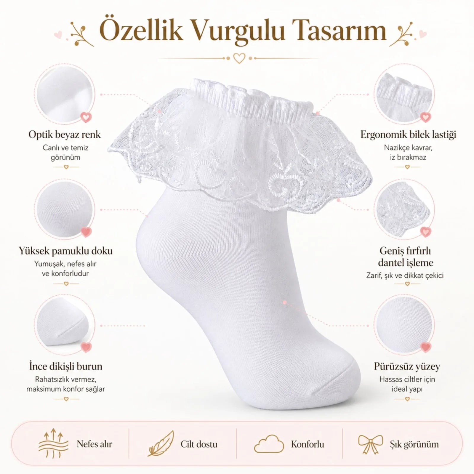 Kız Çocuk 6'lı Beyaz Dantelli Soket Çorap, Yüksek Pamuklu Okul Gösteri ve Özel Gün Çorabı