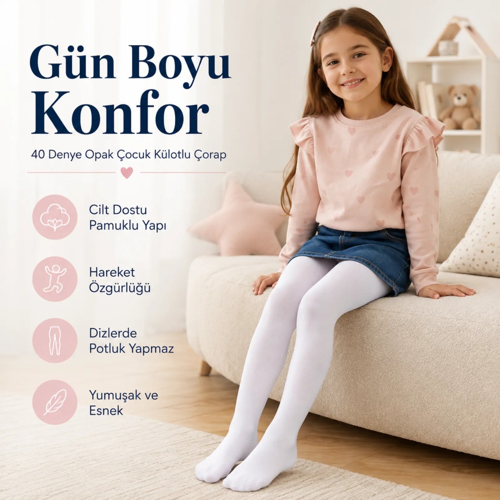 Kız Çocuk Beyaz 40 Denye Pamuklu Opak Külotlu Çorap Okul Bale ve Özel Gün Çorabı