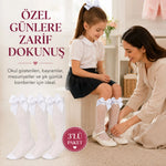 Kız Çocuk Beyaz File Dizaltı Çorap Fiyonklu 3'lü Paket Okul Tören Bayram Gösteri Çorabı