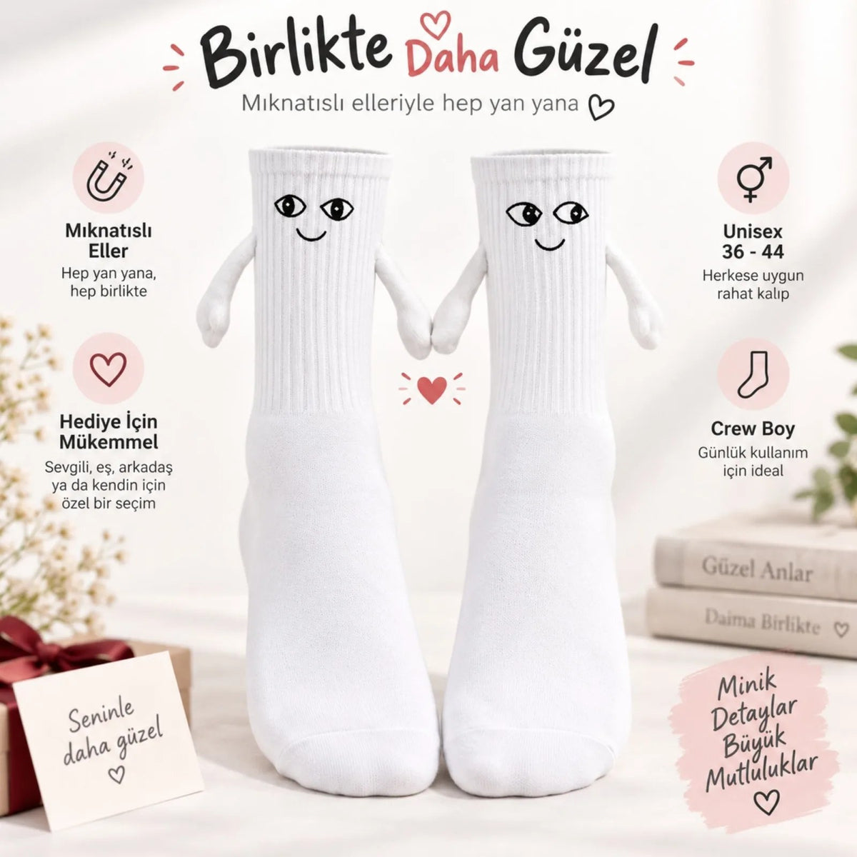 El Ele Tutuşan Mıknatıslı Sevimli Çorap 36-44 - Çift Hediyesi, Pamuklu Renkli Crew Model