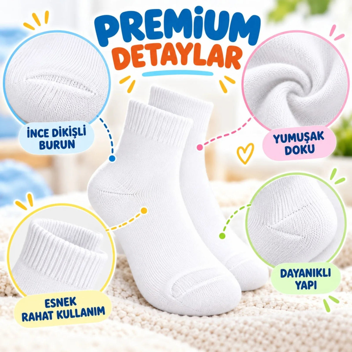 Çocuk Beyaz Çorap 12'li Set İnce Dikişli Yumuşak Nefes Alabilen Okul Günlük Rahat Çorap 5-11 Yaş Seti