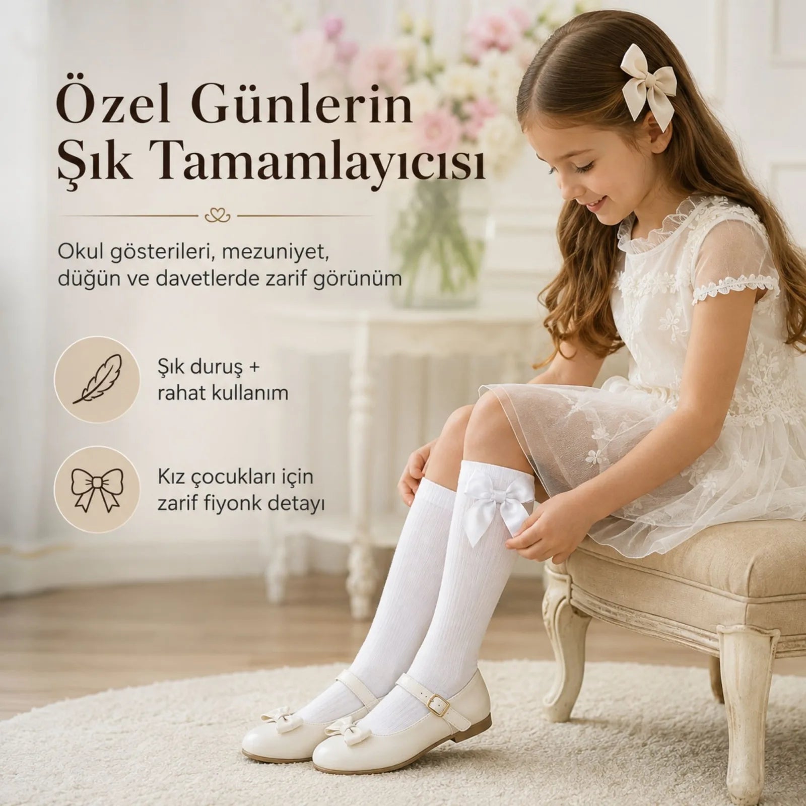 Kız Çocuk Beyaz Kurdeleli Diz Altı Çorap, Pamuklu Okul Bale ve Özel Gün Çorabı
