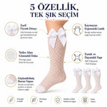 Kız Çocuk Beyaz File Dizaltı Çorap Fiyonklu 3'lü Paket Okul Tören Bayram Gösteri Çorabı