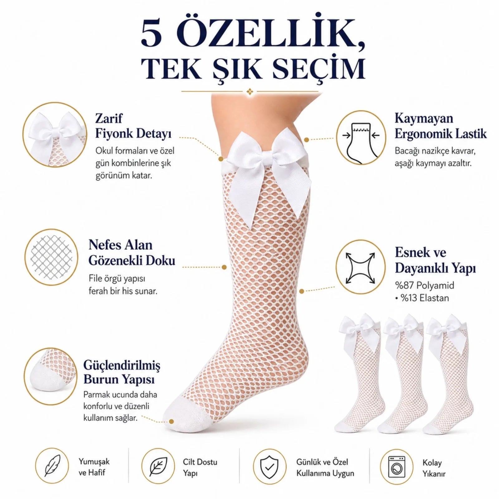 Kız Çocuk Beyaz File Dizaltı Çorap Fiyonklu 3'lü Paket Okul Tören Bayram Gösteri Çorabı