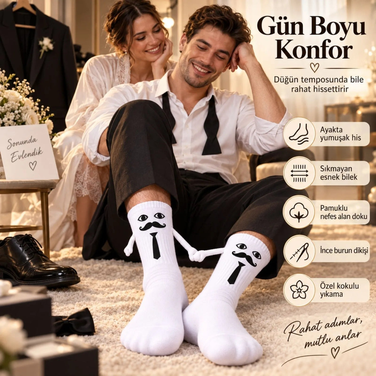 Mıknatıslı Damat Çorabı Erkek Beyaz Bıyık Kravat El Ele Tutuşan Düğün Çeyiz Bohça Eğlenceli Çorap